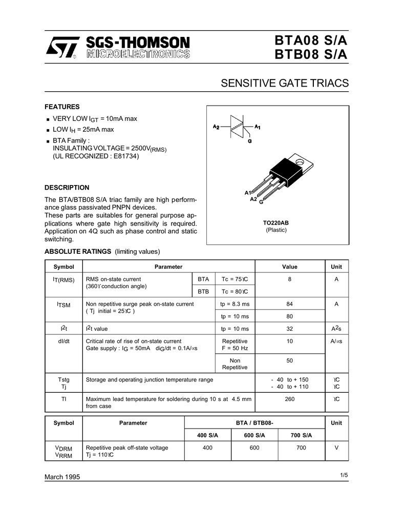 TO-220AB BTA08-400S TRIAC,