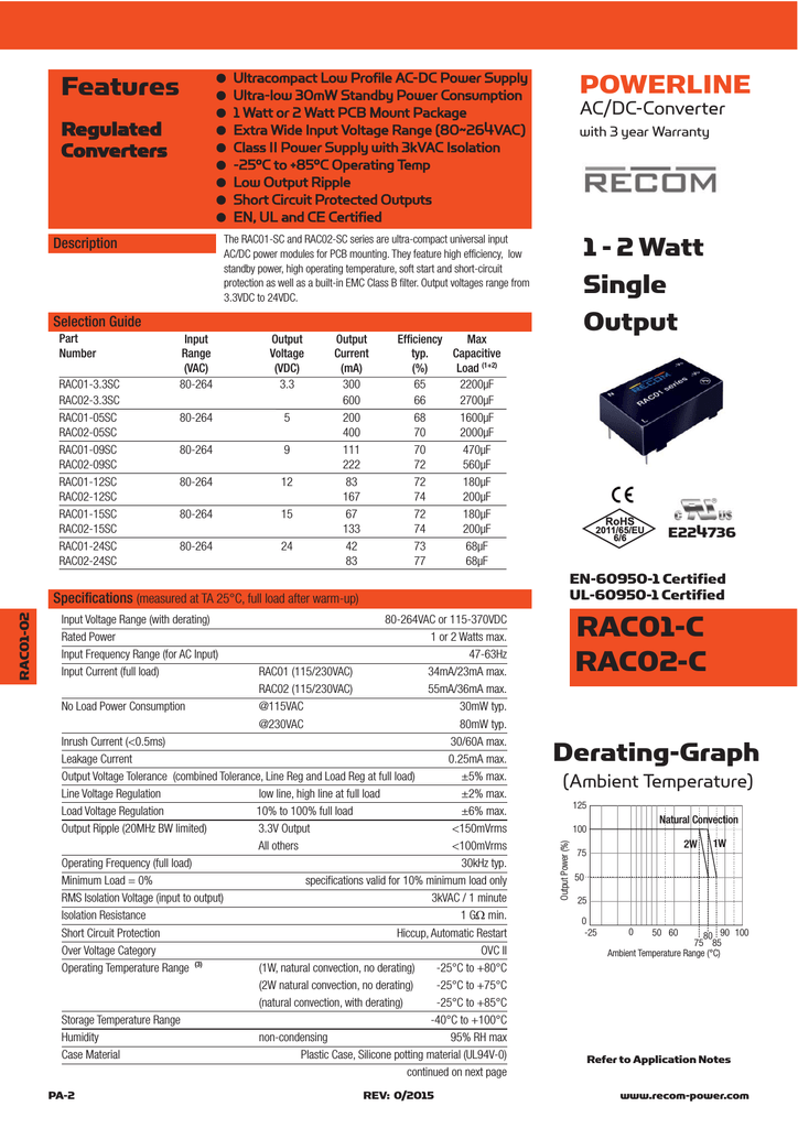 Reg 1w Rac01-3.3 Sc-Recom Power-Ac//dc Convertidor 3.3 v