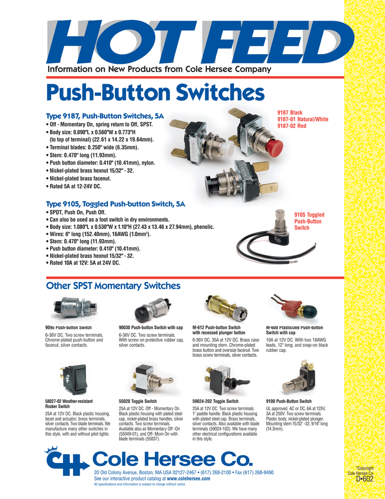 Cole Hersee 90030 Black Push-Button Switch with Black Screw-On Cap