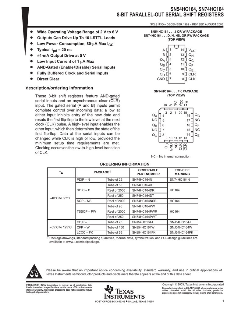 Sn74hc164n схема включения