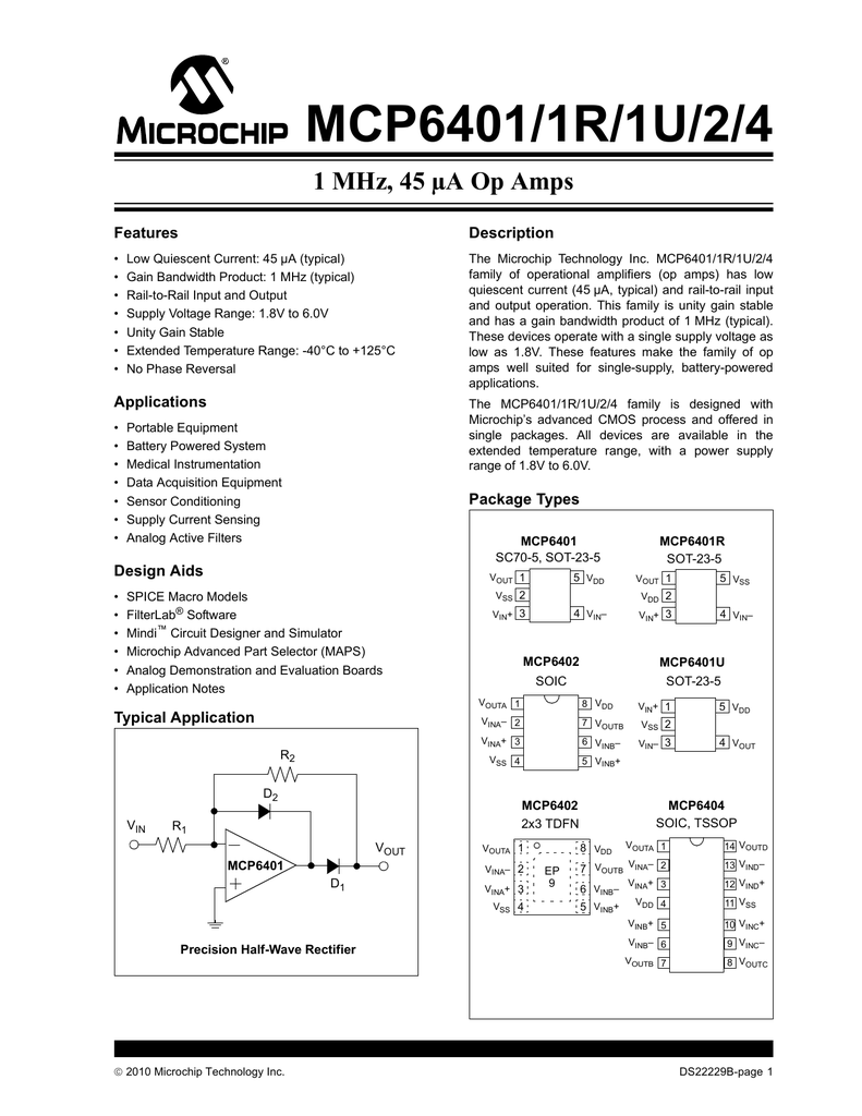 1.8V SINGLE MCP6401UT-E/OT MICROCHIP 1MHZ 5SOT23 OP AMP