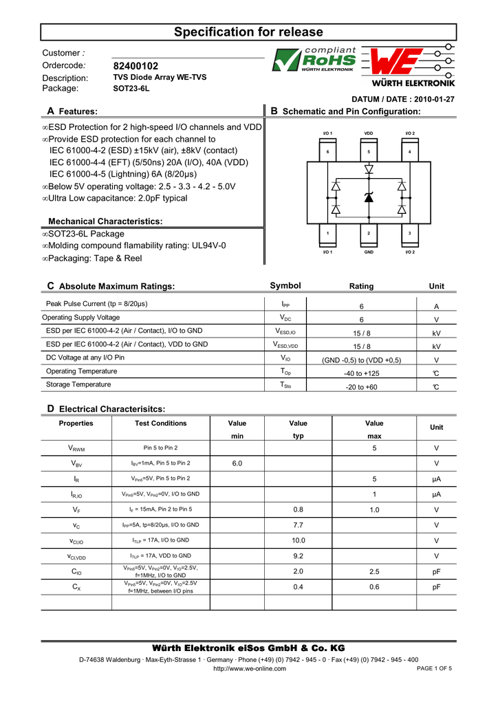 TVS DIODE 5V 7.7V SOT23-6L Pack of 100 