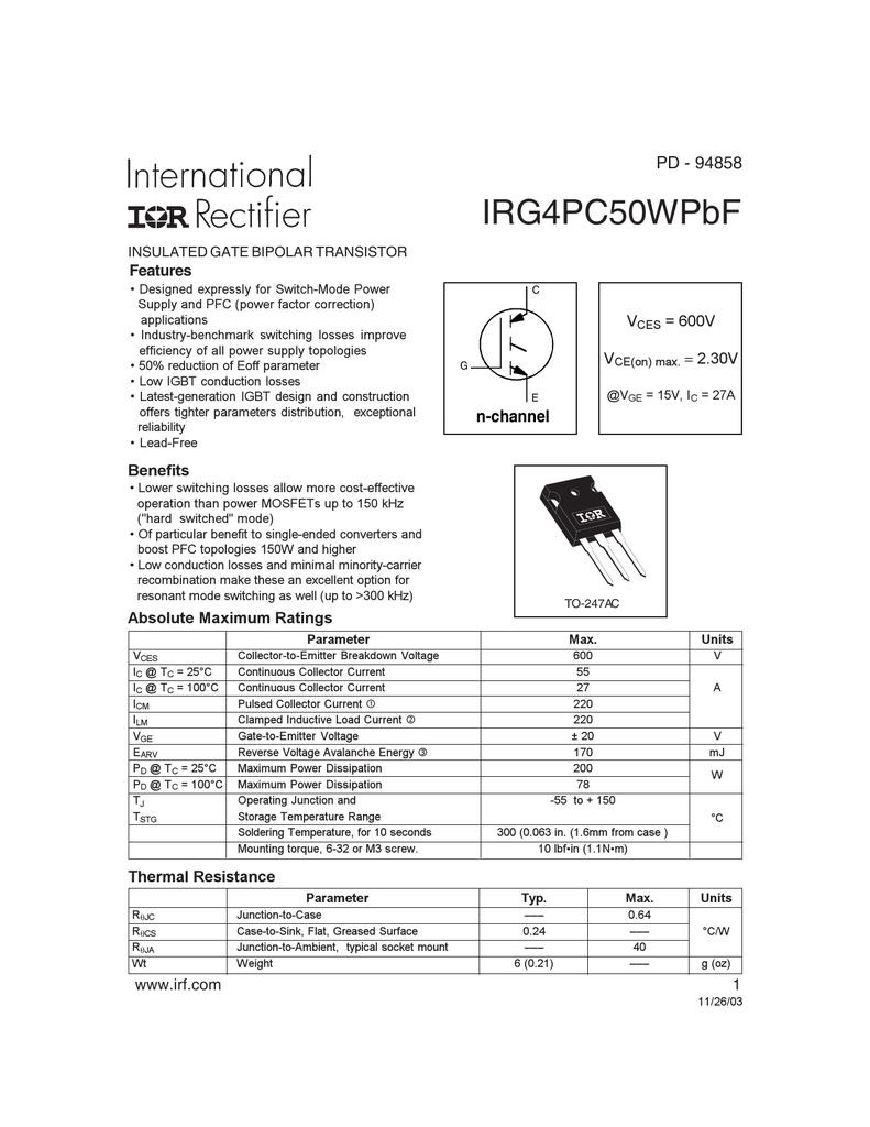 TO247 MAKE International Rectifier IRG4PF50W Transistor N Channel IGBT CASE
