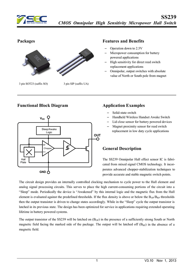 Output Current 30mA Omnipolar Switch.Hall Effect Sensor.Supply Voltage 2.5V-28V