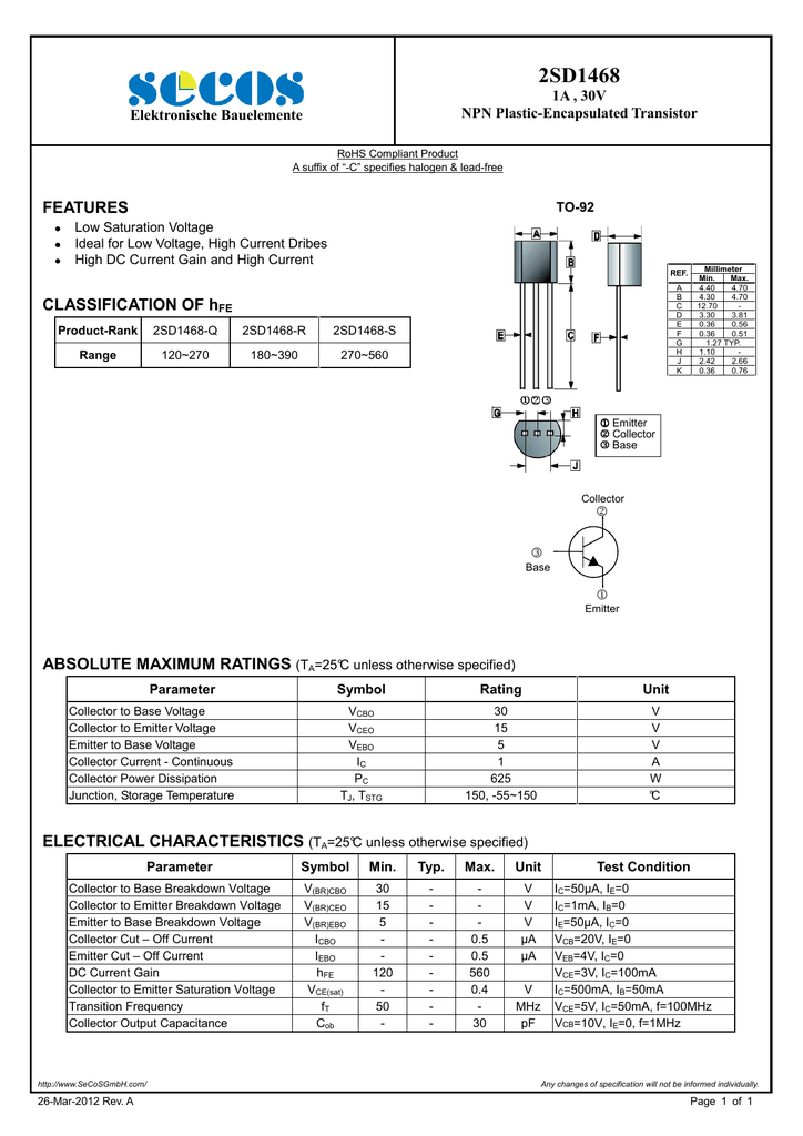 2SD1468 Transistor NPN 15V 1A                                          TJD1468