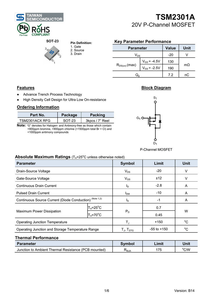 Pack of 100 MOSFET 20V P Channel Mosfet TSM2301ACX RFG