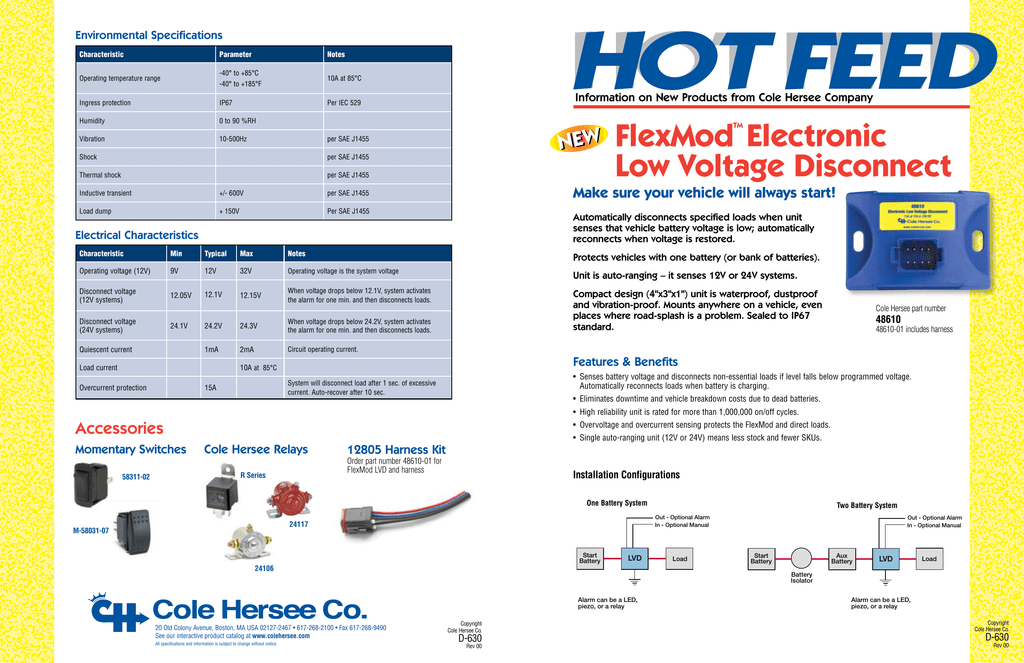 Cole Hersee 48610 FlexMod LVD senses 12 or 24V systems Low Voltage Disconnect Switch 12-32V 10A at 12V DC