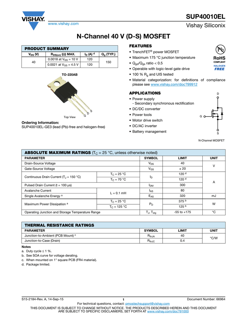 VISHAY SUP85N10-10 TO-220 N-Channel 100-V D-S 175 MOSFET