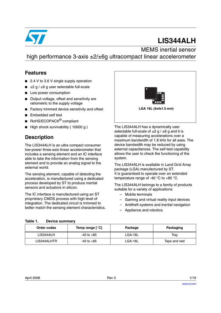 Industrial & Scientific ST MICROELECTRONICS LIS344ALHTR LIS344ALH
