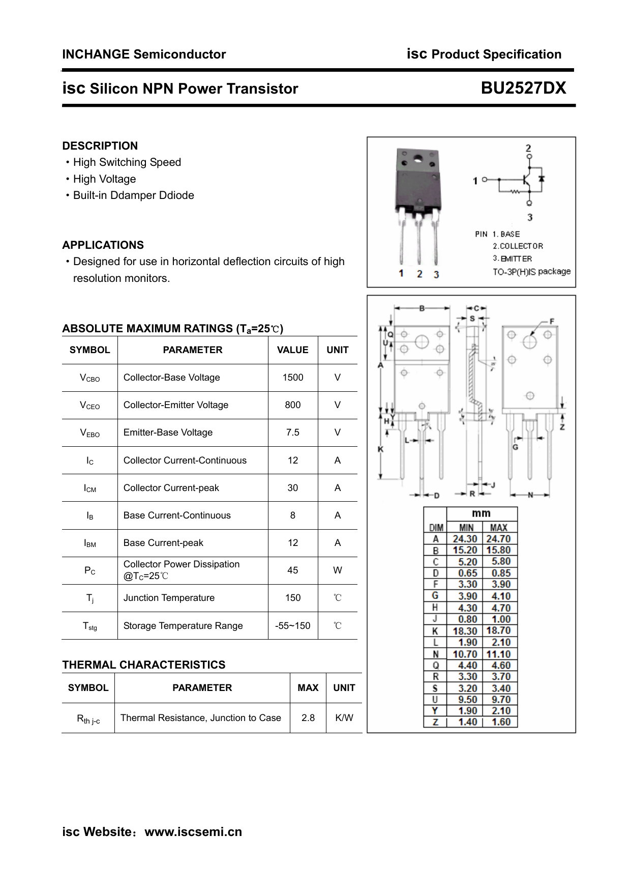 D1877 транзистор характеристики схема подключения ISC BU2527DX Isc silicon npn power transistor Datasheet